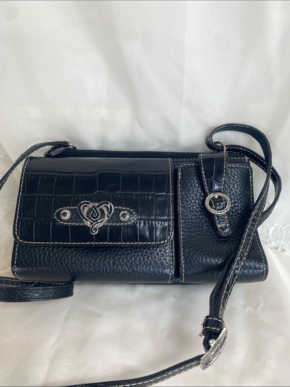Brighton Black Croc-Embossed & Pebbled Leather Crossbody with Silver Accent